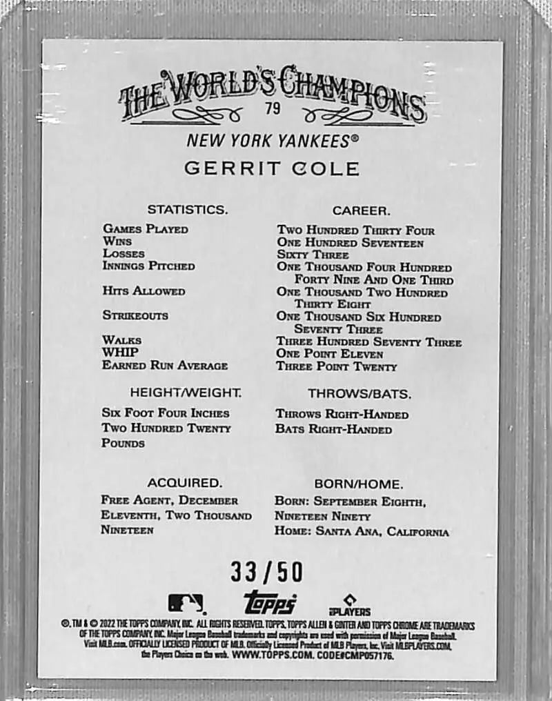 Gerrit Cole 2022 Topps Allen & Ginter Gold Refractor #/50 Baseball Card with stats
