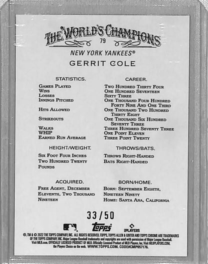 Gerrit Cole 2022 Topps Allen & Ginter Gold Refractor #/50 Baseball Card with stats