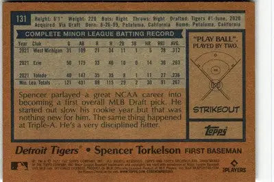 Baseball card back featuring Spencer Torkelson from 2022 Topps Archives Detroit Tigers