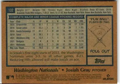Baseball card back featuring Josiah Gray from 2022 Topps Archives for Washington Nationals