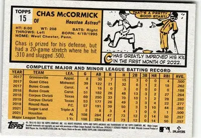 Baseball card back of Chas McCormick from 2022 Topps Archives Houston Astros collection