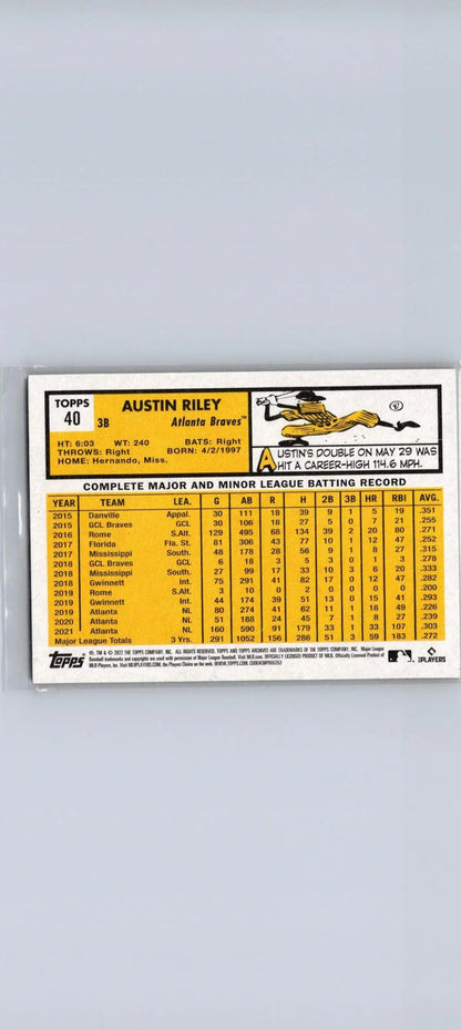 Baseball card featuring Austin Riley stats from 2022 Topps Archives trading cards