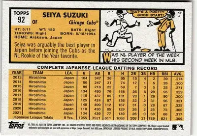 Seiya Suzuki baseball card from 2022 Topps Archives featuring Chicago Cubs player