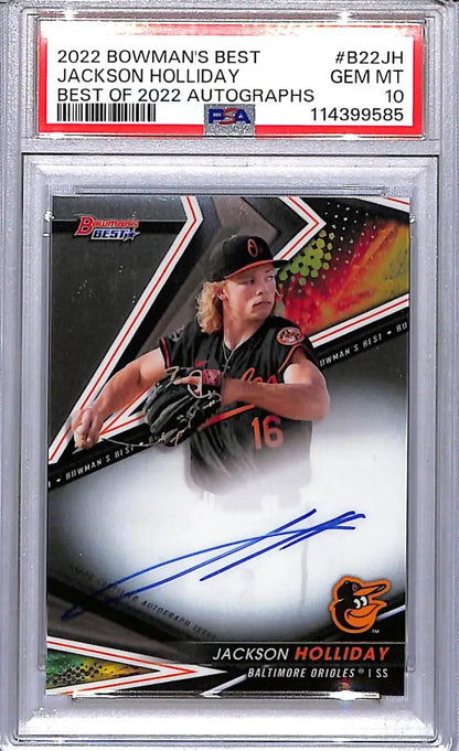 Graded Jackson Holliday baseball card with autograph, PSA 10 GEM MINT Auto, 2022 Topps Bowman’s Best