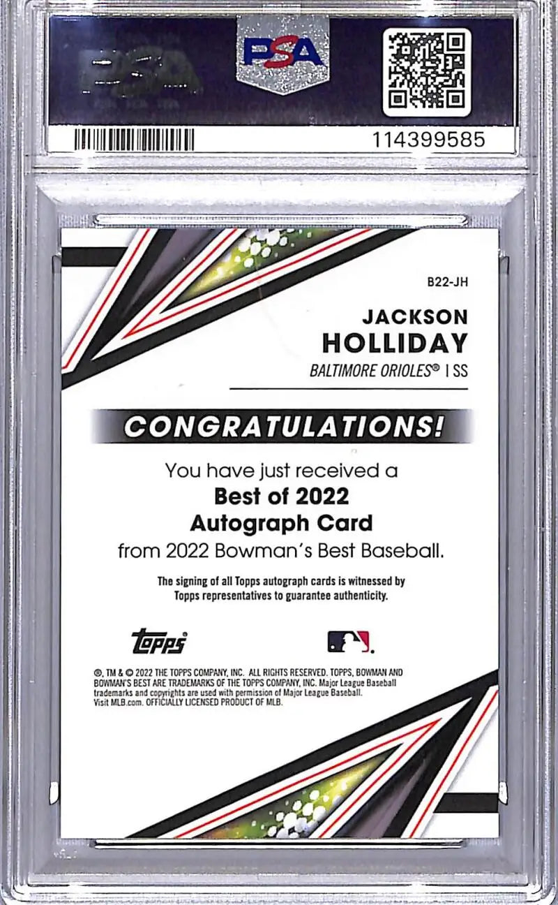 Jackson Holliday 2022 Bowman’s Best Gem Mint Auto baseball card in 2022 Topps Bowman’s Best