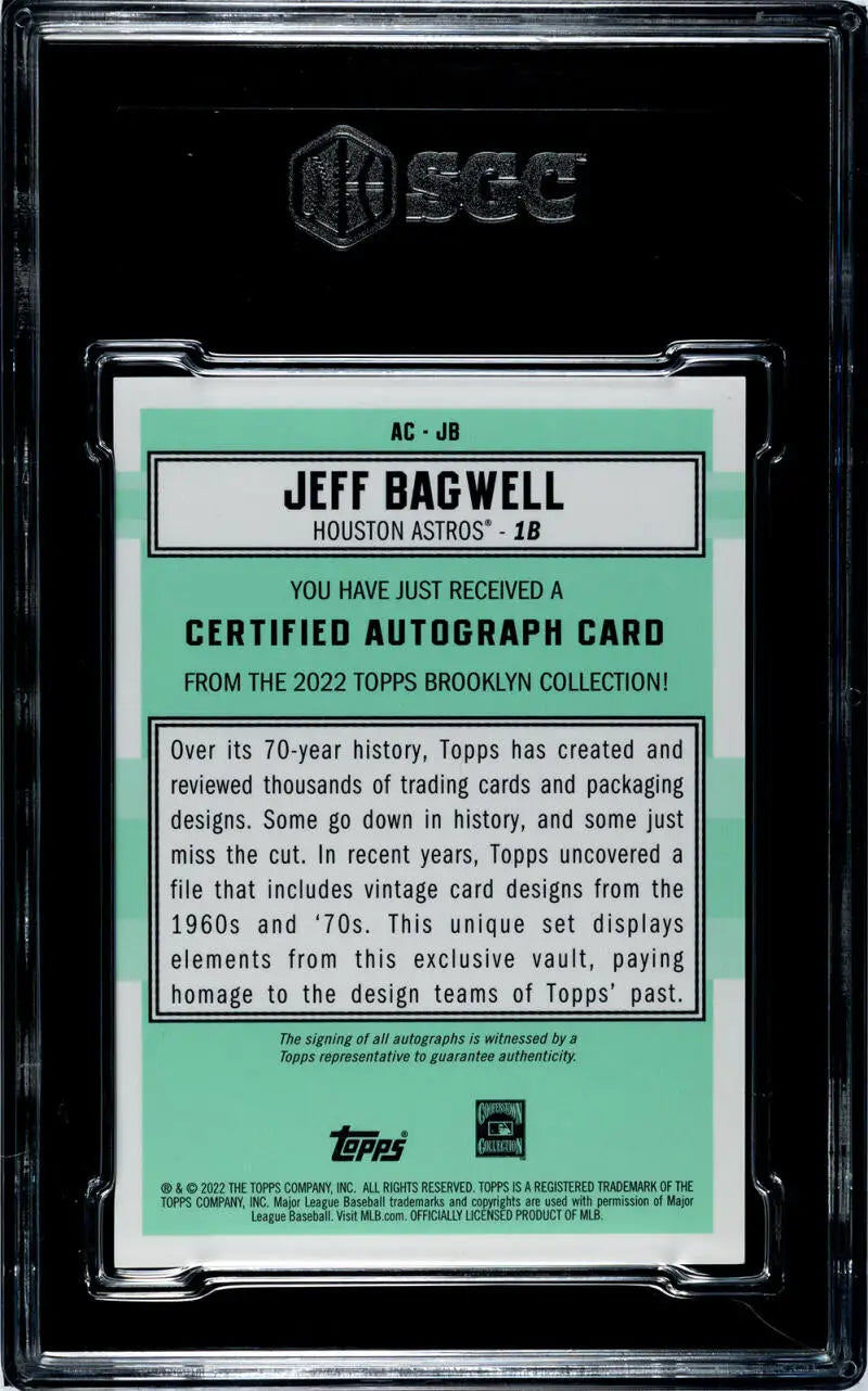 Back side of a mint green Jeff Bagwell baseball card in black protective case
