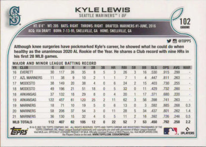 Kyle Lewis 2022 Topps Chrome card displaying Seattle Mariners statistics