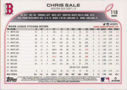 Baseball card of Chris Sale showcasing statistics for Boston Red Sox career