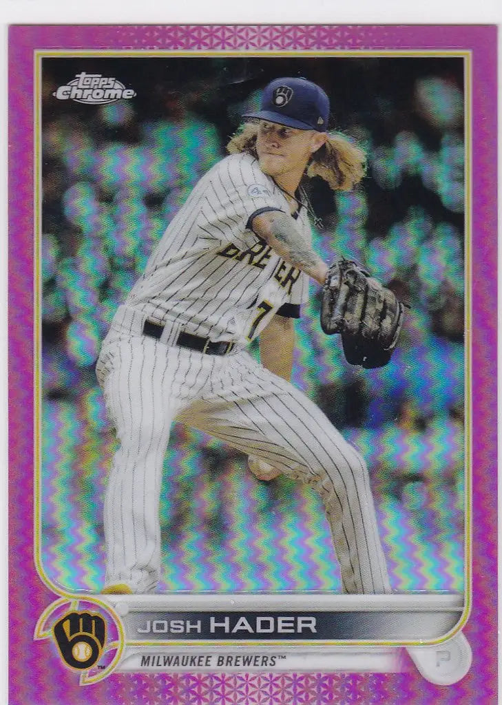 Baseball card of Josh Hader in mid-throw for Pink Milwaukee Brewers collection