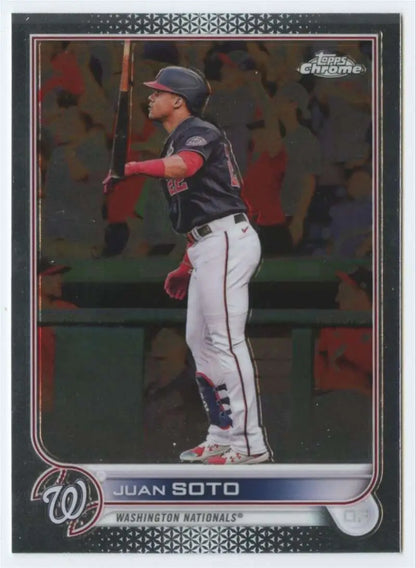 Washington Nationals baseball card of Juan Soto at bat from 2022 Topps Chrome #129