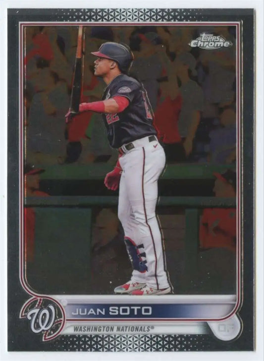 Washington Nationals baseball card of Juan Soto at bat from 2022 Topps Chrome #129