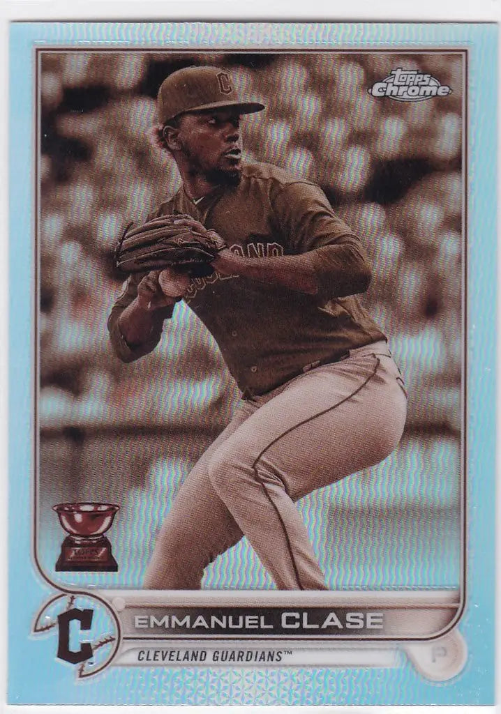 Baseball card of Emmanual Clase Sepia in mid-throwing motion for Cleveland Guardians