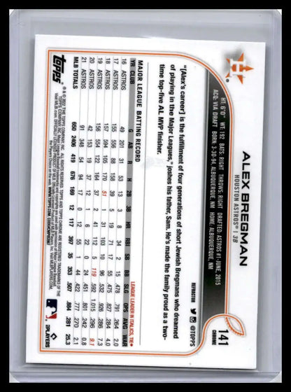 Back of 2022 Topps Chrome #141 Alex Bregman Baseball Card with Houston Astros stats