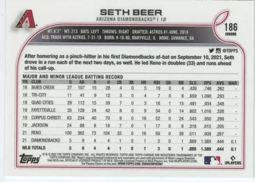 2022 Topps Chrome #186 Seth Beer NM-MT RC Rookie Diamondbacks ID:51619 - Trading Cards