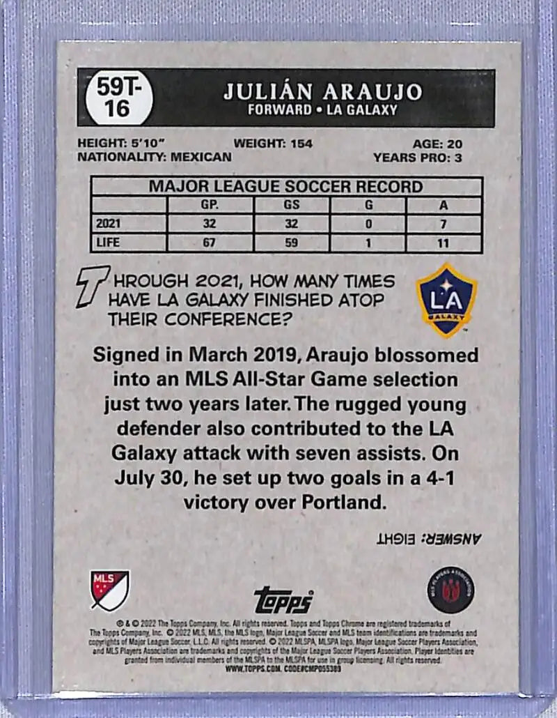 Julian Araujo soccer card from 2022 Topps Chrome 59T-16 Julian Araujo LA Galaxy