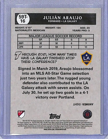 Julian Araujo soccer card from 2022 Topps Chrome 59T-16 Julian Araujo LA Galaxy
