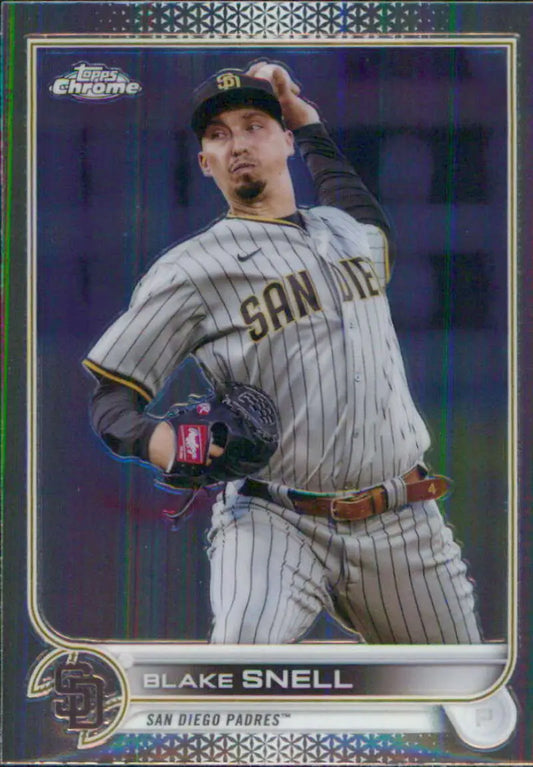 Chrome-finish baseball card of Blake Snell pitching for San Diego Padres in pinstripes