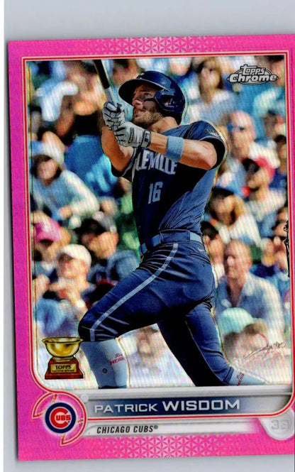 Patrick Wisdom Pink Refractor baseball card from 2022 Topps Chrome series