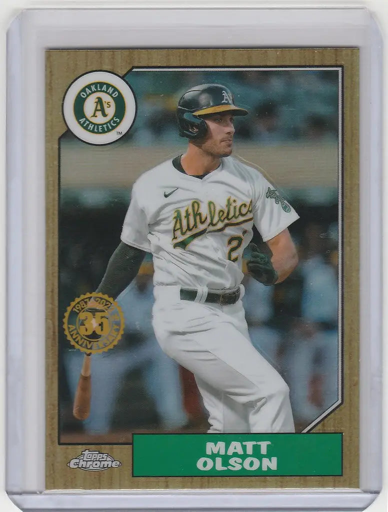 Topps Chrome baseball card of Matt Olson in white Oakland Athletics uniform number 28