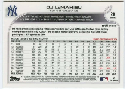 Baseball card featuring DJ LeMahieu’s MLB stats for New York Yankees Topps Chrome