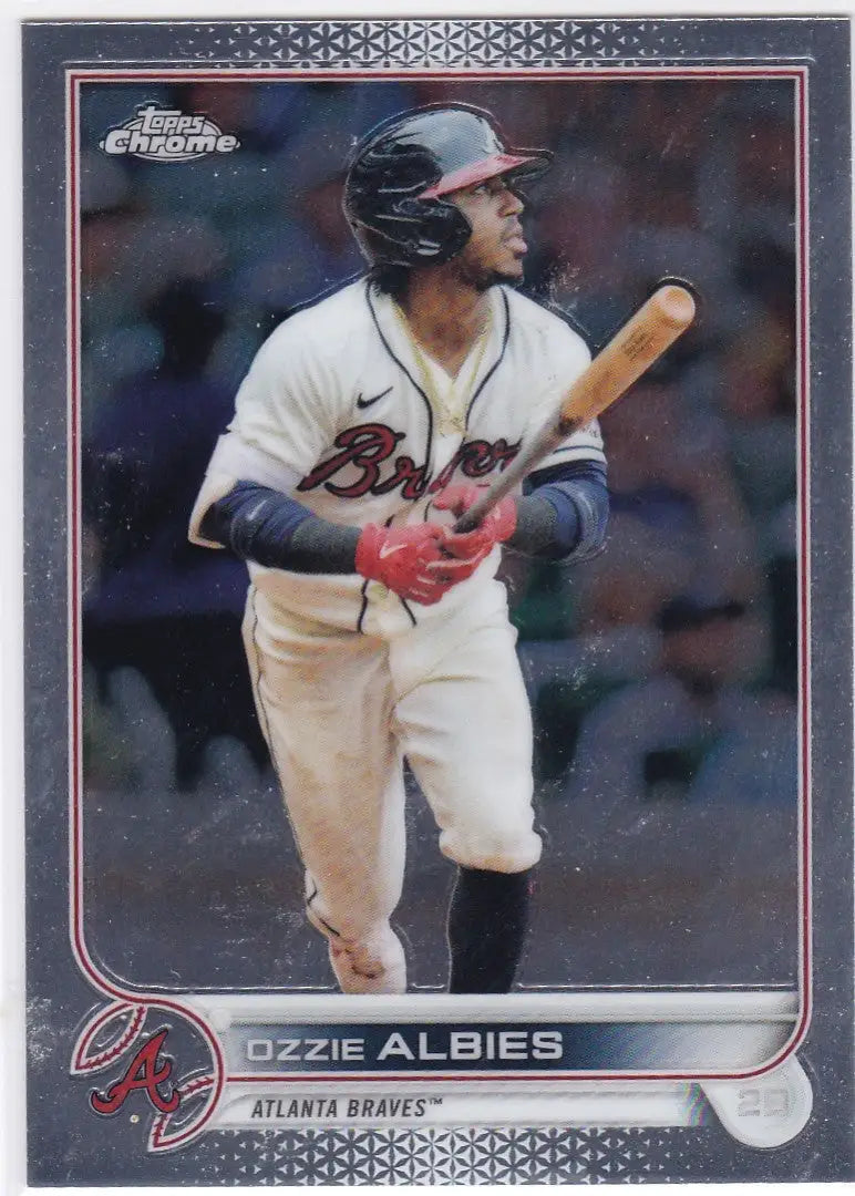 Ozzie Albies Atlanta Braves player card from 2022 Topps Chrome at bat in white uniform