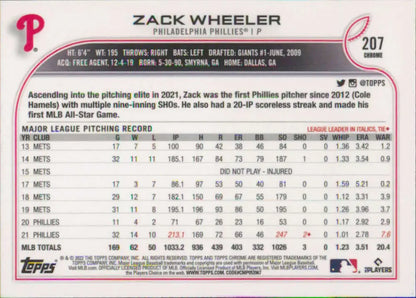 Zack Wheeler Philadelphia Phillies baseball card featuring career statistics and info