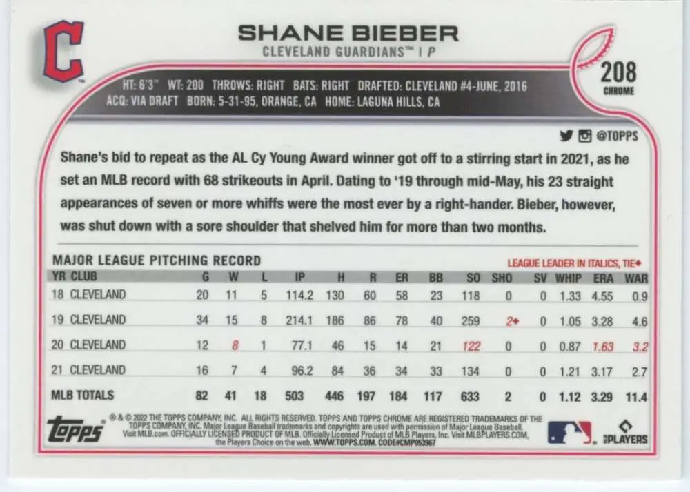 Baseball card featuring Shane Bieber’s MLB stats from the 2022 Topps Chrome set