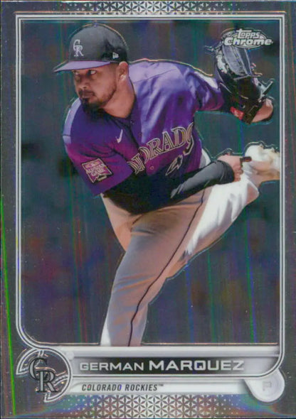 Baseball card of German Marquez in purple uniform for Colorado Rockies Topps Chrome