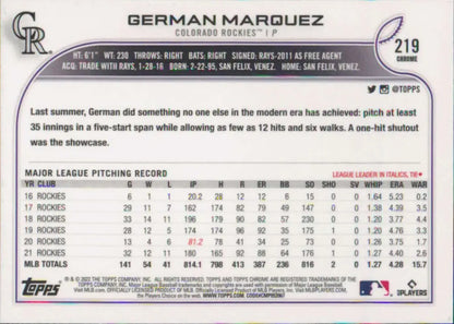 German Marquez 2022 Topps Chrome baseball card showcasing Colorado Rockies stats and info