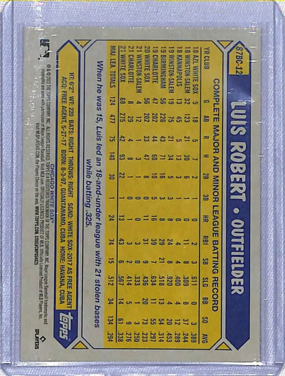 Baseball card of Luis Robert with stats on yellow background for Chicago White Sox