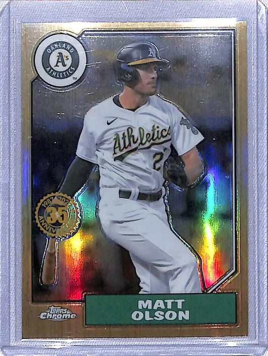 Chrome refractor baseball card of Matt Olson in white uniform for Topps Chrome 35th