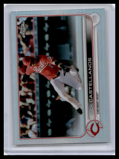 Cincinnati Reds baseball card featuring Nick Castellanos making a leaping catch in Topps Chrome