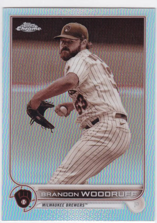 Brandon Woodruff Sepia Refractor showcasing Milwaukee Brewers pitcher mid-throw action