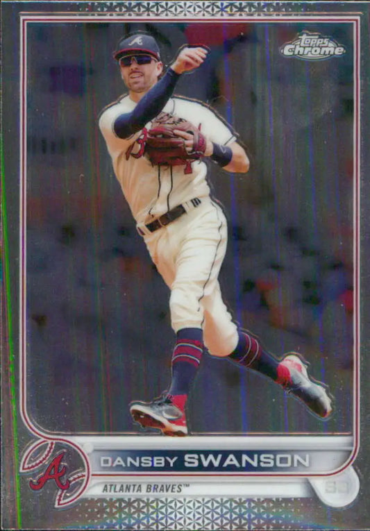 Baseball player Dansby Swanson in Atlanta Braves uniform throwing during game action