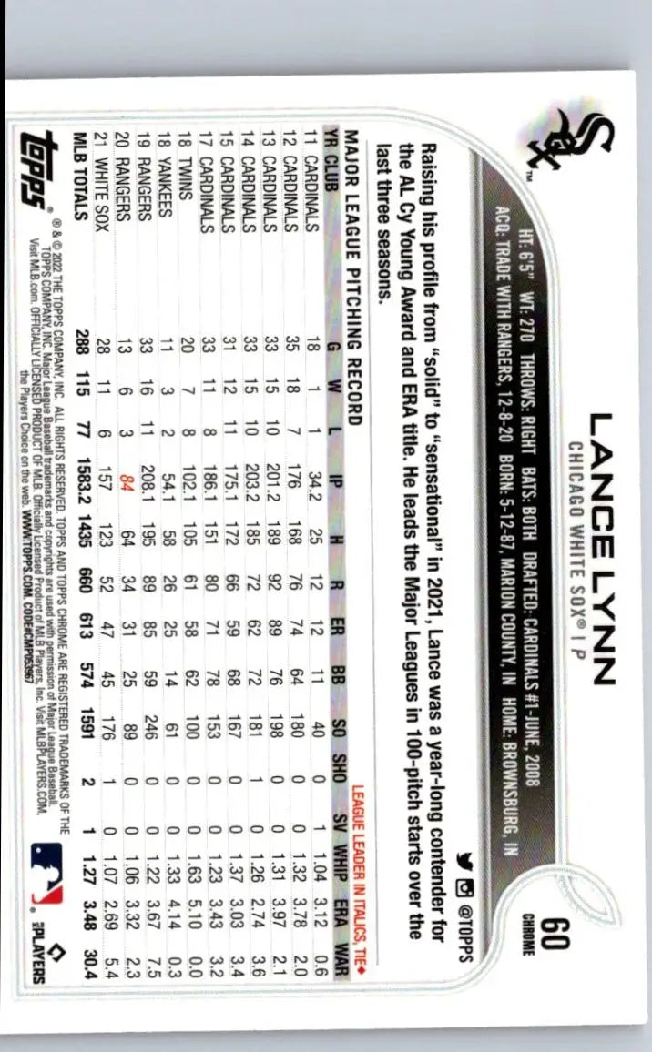 Lance Lynn baseball card 2022 Topps Chrome Pink Refractor featuring Lance Lynn Pink refractor