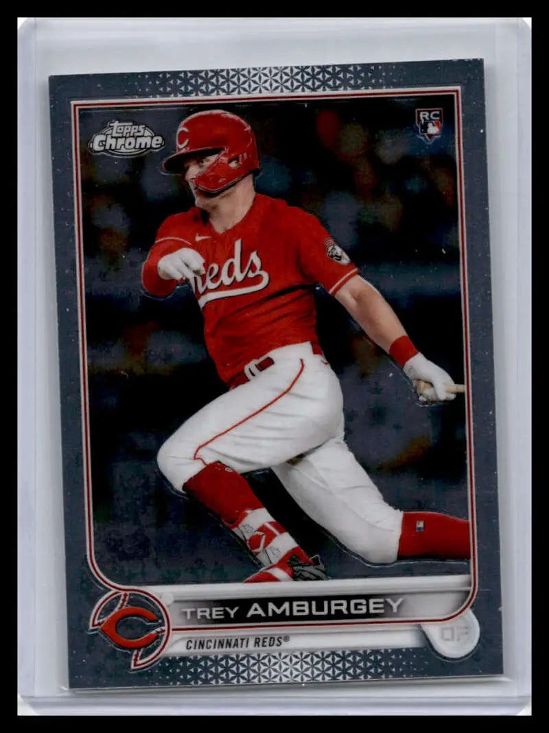 Baseball card of Trey Amburgey swinging in red uniform for Cincinnati Reds Topps Chrome