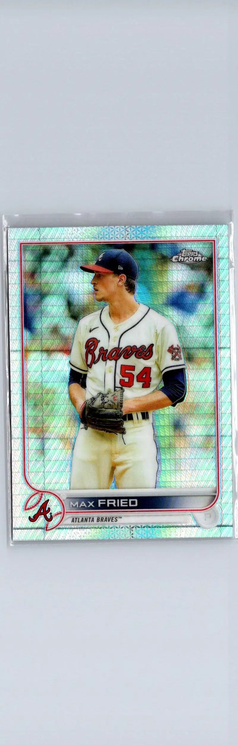 Max Fried baseball card 2022 Topps Chrome Max Fried Prism Refractor image