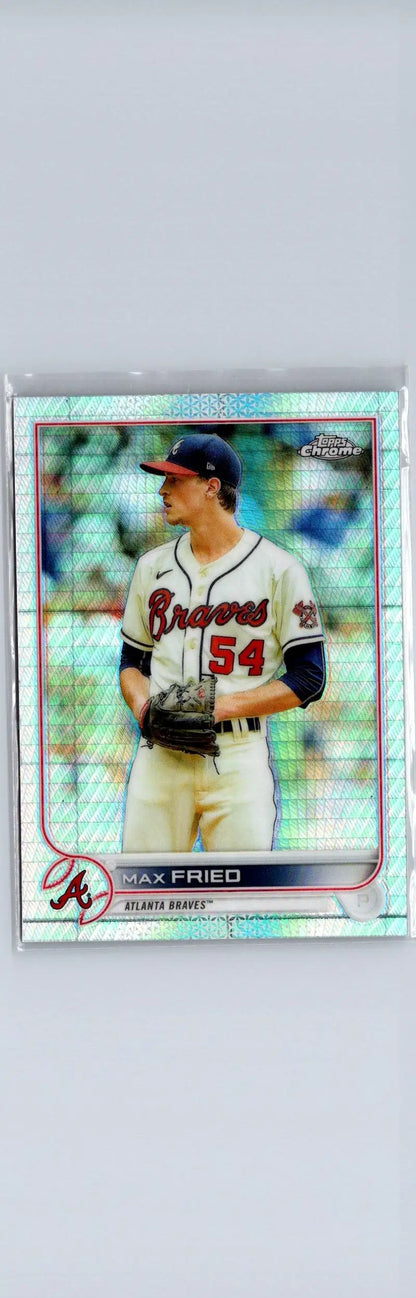 Max Fried baseball card 2022 Topps Chrome Max Fried Prism Refractor image