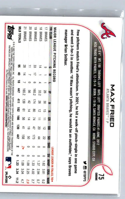 Baseball card back of 2022 Topps Chrome Max Fried Prism Refractor featuring Max Fried