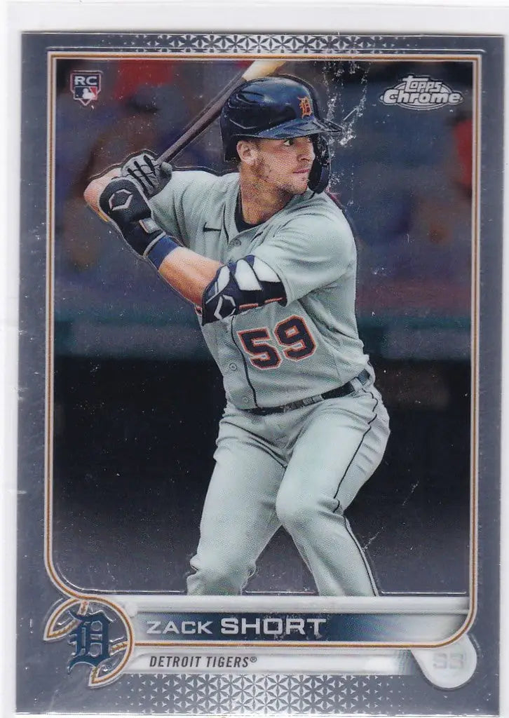 Baseball card of Zack Short RC Rookie in batting stance for Detroit Tigers Topps Chrome