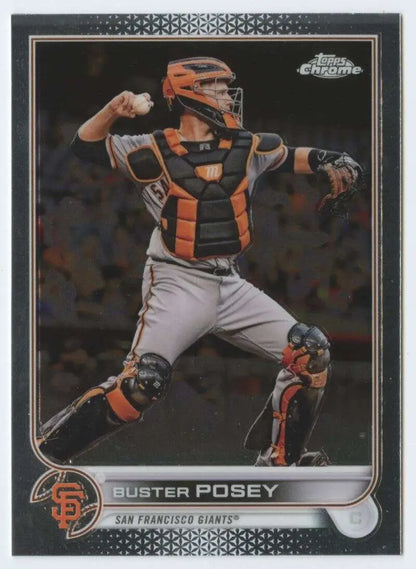 Buster Posey in action on 2022 Topps Chrome baseball card for San Francisco Giants