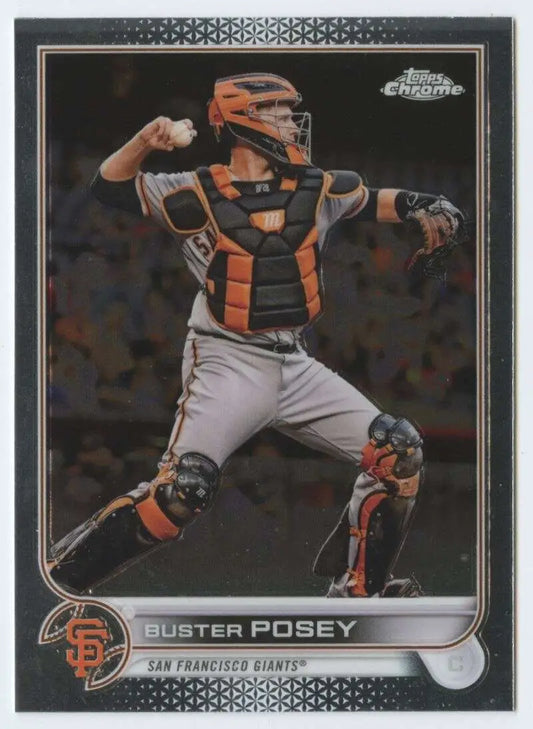 Buster Posey in action on 2022 Topps Chrome baseball card for San Francisco Giants
