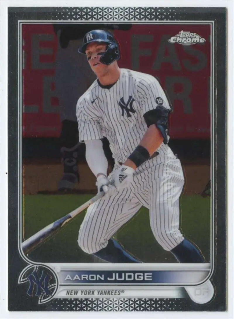 Aaron Judge swinging a bat in New York Yankees pinstripe uniform for Topps Chrome card