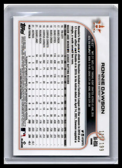 Back side of 2022 Topps Chrome Auto Ronnie Dawson baseball card showing player stats