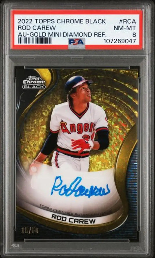 Autographed Rod Carew baseball card from Topps Chrome Black with Gold Refractor Auto