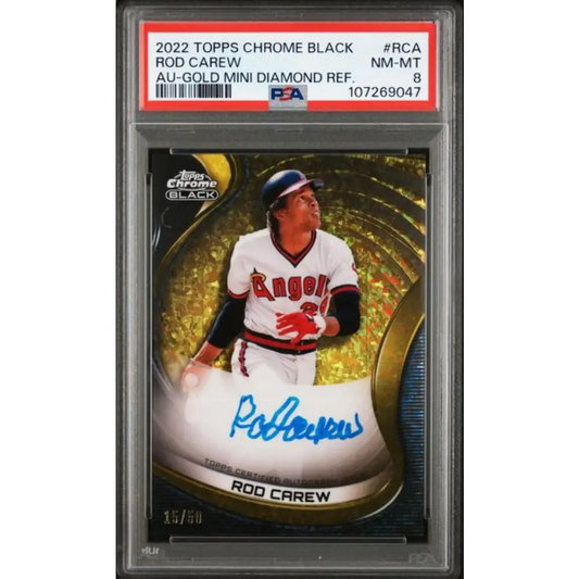 2022 Topps Chrome Black Autograph Refractor Gold Mini-Diamond #CBA-RCA Rod Carew PSA 8 NM-MT Auto 15/50 California Angels Baseball Card