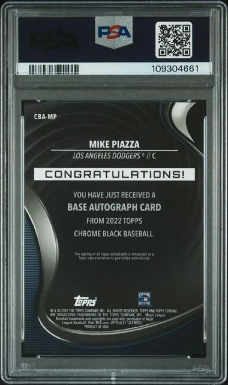 Graded Mike Piazza Los Angeles Dodgers baseball card in a 2022 Topps Chrome Black Auto Refractor