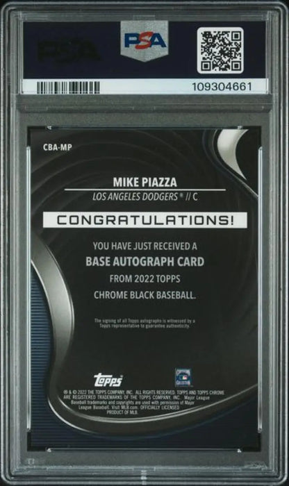 Graded Mike Piazza Los Angeles Dodgers baseball card in a 2022 Topps Chrome Black Auto Refractor
