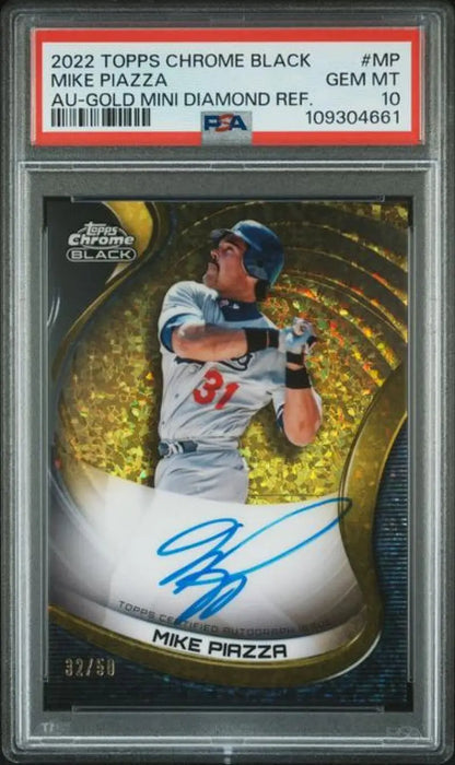 Graded Mike Piazza Los Angeles Dodgers baseball card, autographed refractor gold mini-diamond