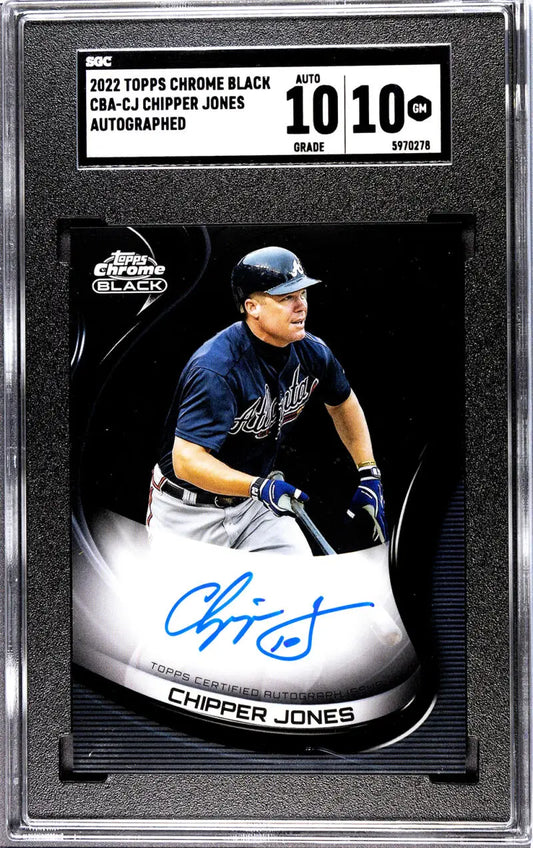 Graded and slabbed 2020 Topps Chrome Black Chipper Jones auto Atlanta Braves card